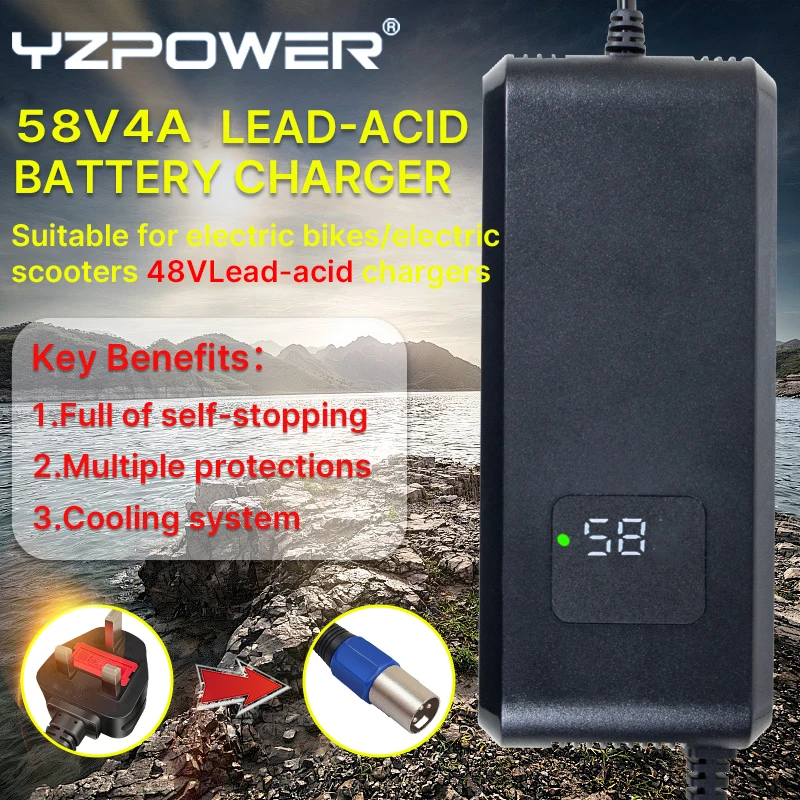 YZPOWER 58V 4A 4S Lead Acid Battery Charger for 48V Urban Glide E-CROSS PRO E-Scooter with LED Display & CE Certified