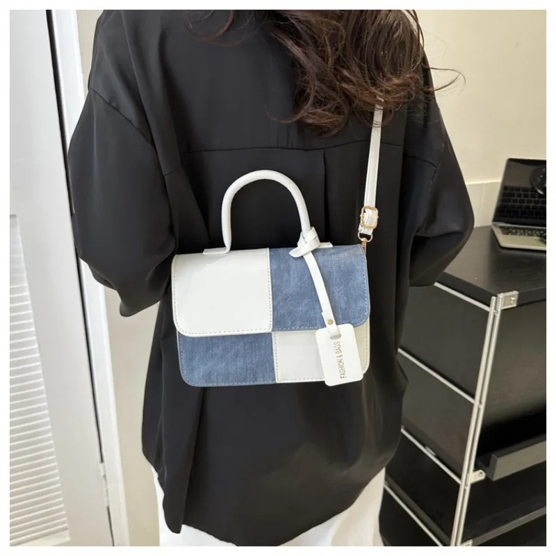 Retro Color Block Denim Patchwork PU Women's Bag, Handbag, Shoulder Cross, Small Square Bag, Casual Change Storage Bag
