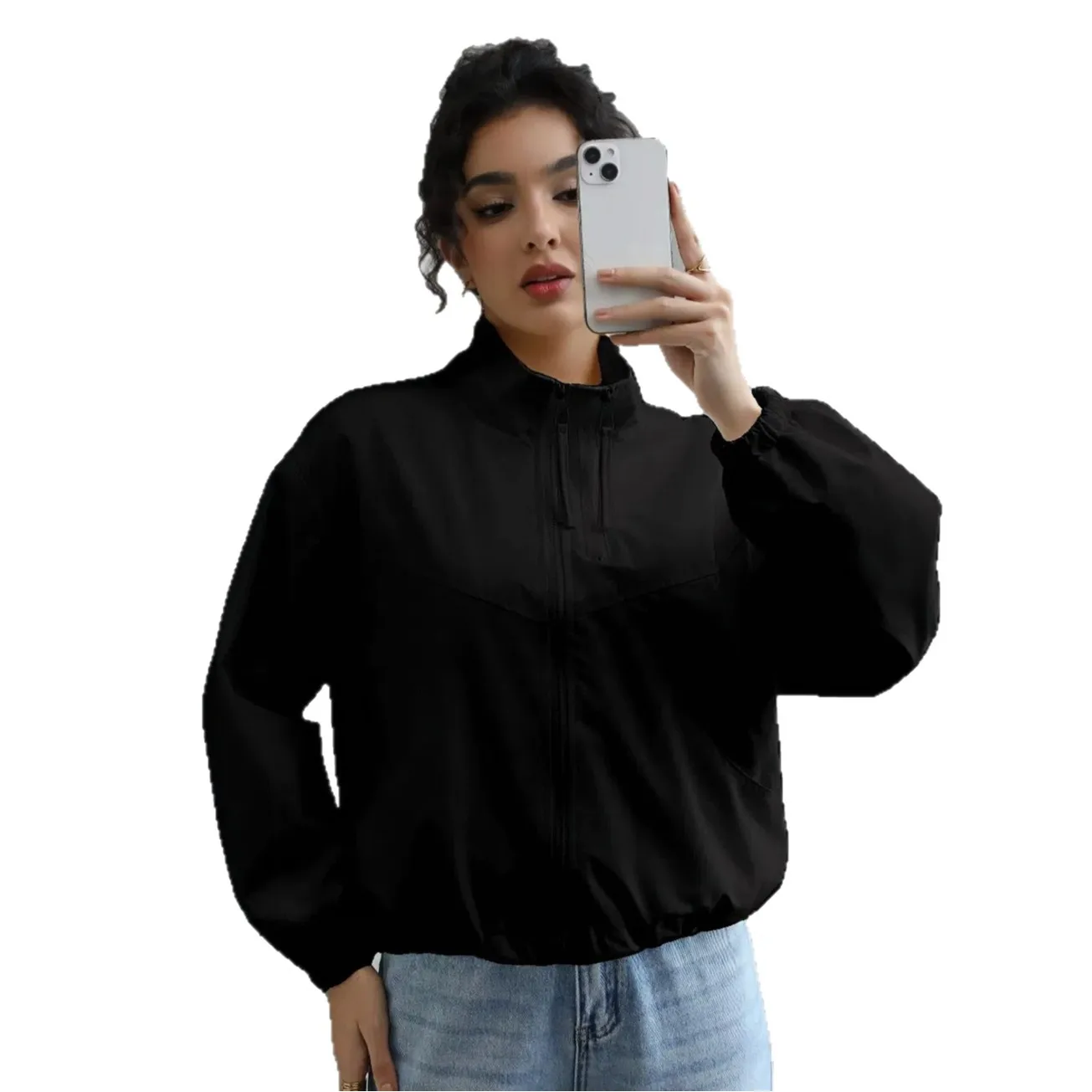 European American Autumn New Fashion Women's Solid Color Stand Collar Long Sleeve Simple Basic Casual Trendy Jackets Female Coat