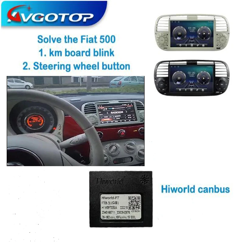 AVGOTOP Car Radio Stereo canbus Hiworld for FIAT 500 2010-2015 to fix km board flashing and the steering wheel button