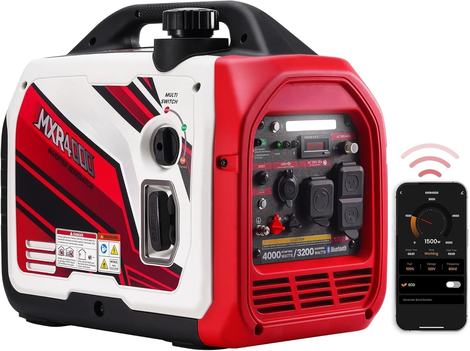 

Портативный инверторный генератор мощностью 4000 Вт, с Bluetooth ® Мониторинг данных через приложение, готовность к работе с автодомами, газовый генератор с сигнализацией угарного газа для