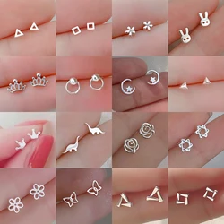 Tiny Minimalist Silver Plated Mini Heart Stars Butterfly Wing Stud Earrings for Women Student Teen Simple Ear Piercing Jewelry