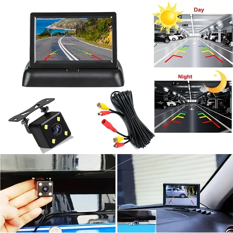 Car Reversing Camera Kit 4.3 Inch Foldable TFT LCD Monitor with Reversing Camera &  for Car SUV Truck Van RV Camper Easy Install
