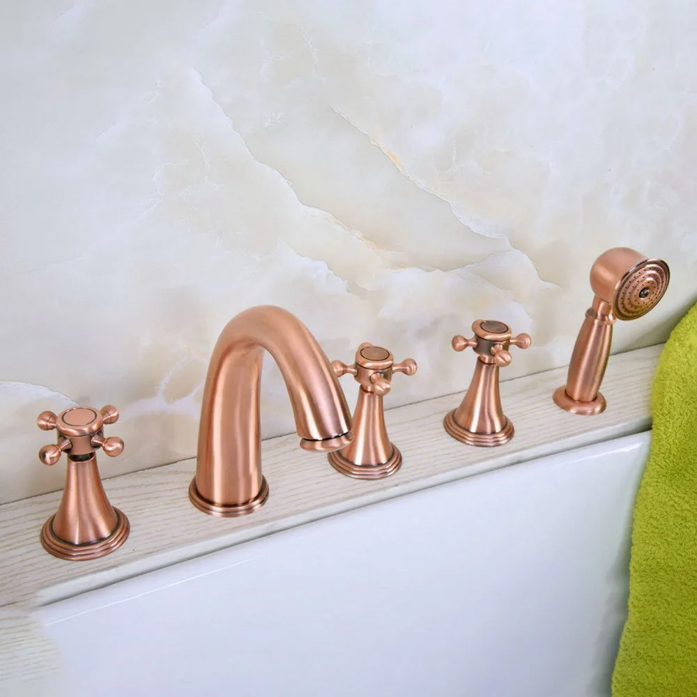 

Antique Red Copper Deck 5 Holes Bathtub Mixer Faucet Handheld Shower Widespread Bathroom Faucet Set Water Tap Ltf205