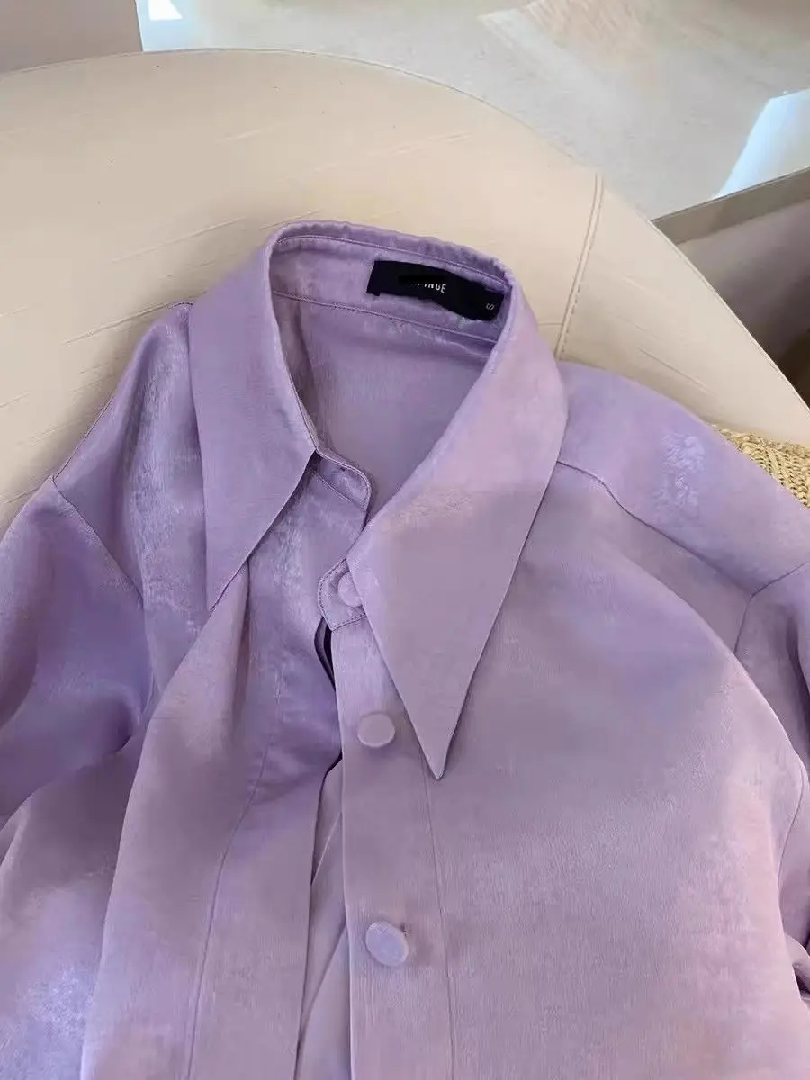 Senior Purple Satin Surface Puff Sleeve Shirt Women Spring Fashion Long Sleeved All-match Lapel Collar Comfortable POLO Shirt