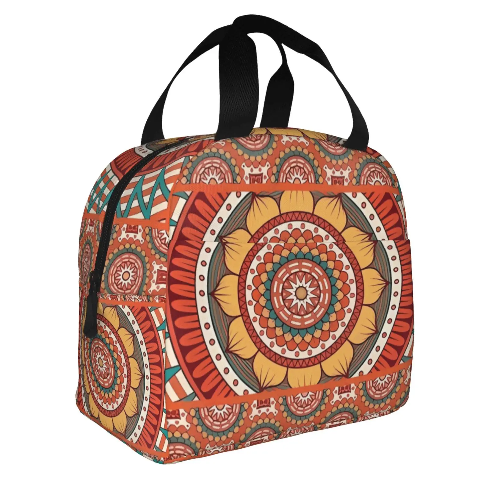 Tribal Vintage Colorful Ethnic Pattern Lunch Tote Bag Insulated Leakproof Lunch Box Container with Front Pocket for Girls Boys