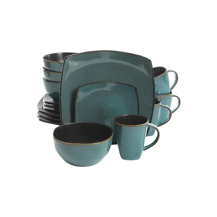 

Elite Soho Lounge 16 Piece Reactive Glaze Dinnerware Set, Soft Square, Teal Green, Service for 4 16pc