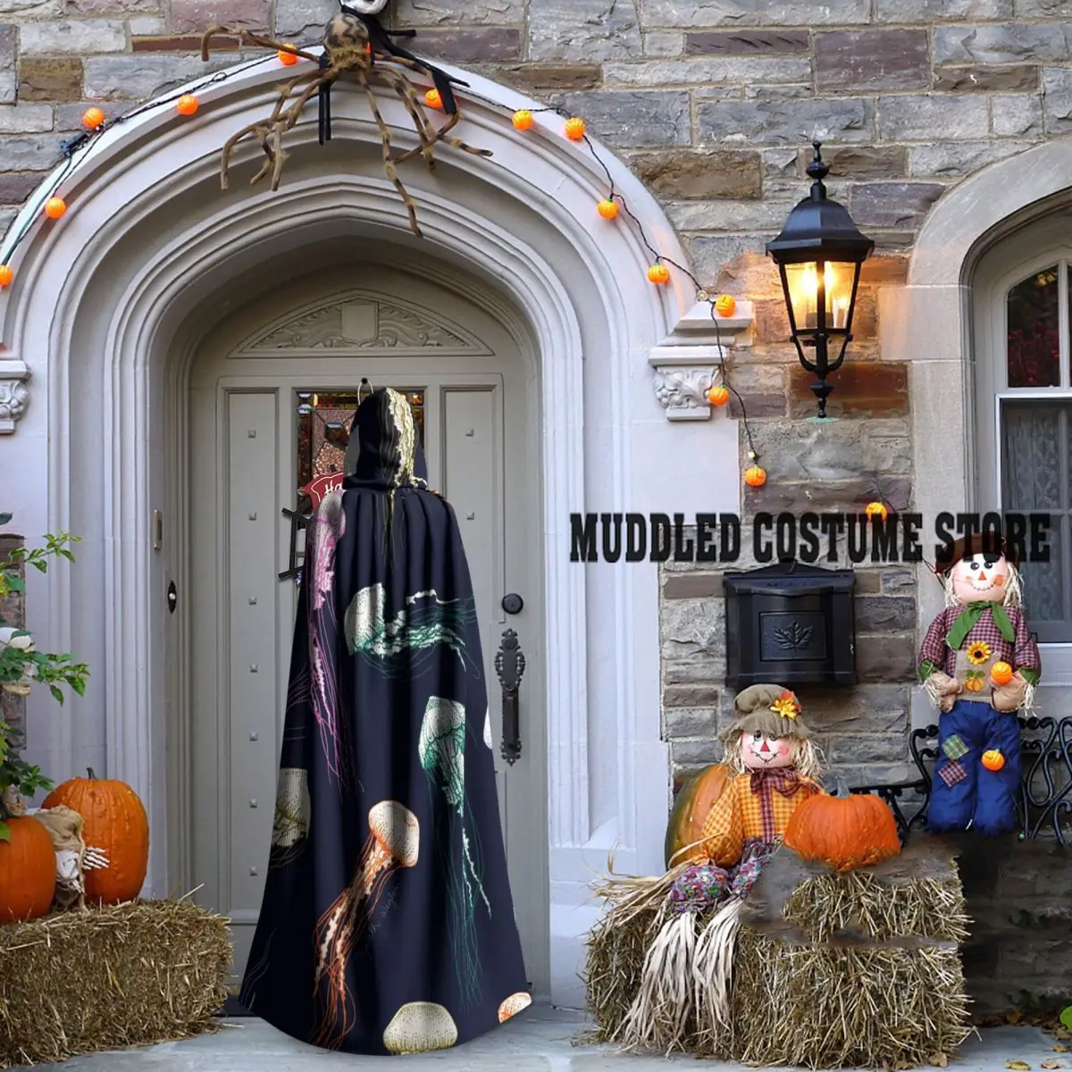 Mantello lungo con cappuccio meduse arcobaleno Costume medievale da strega Mantello cosplay Cappotto di Halloween Adulto unisex