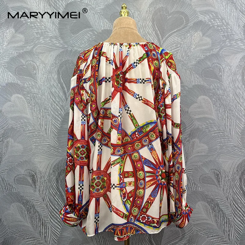 MARYYIMEI Casual Printed Silk Top Round Neck Long Sleeve Top 2026 Autumn Fashionable Women's New Style