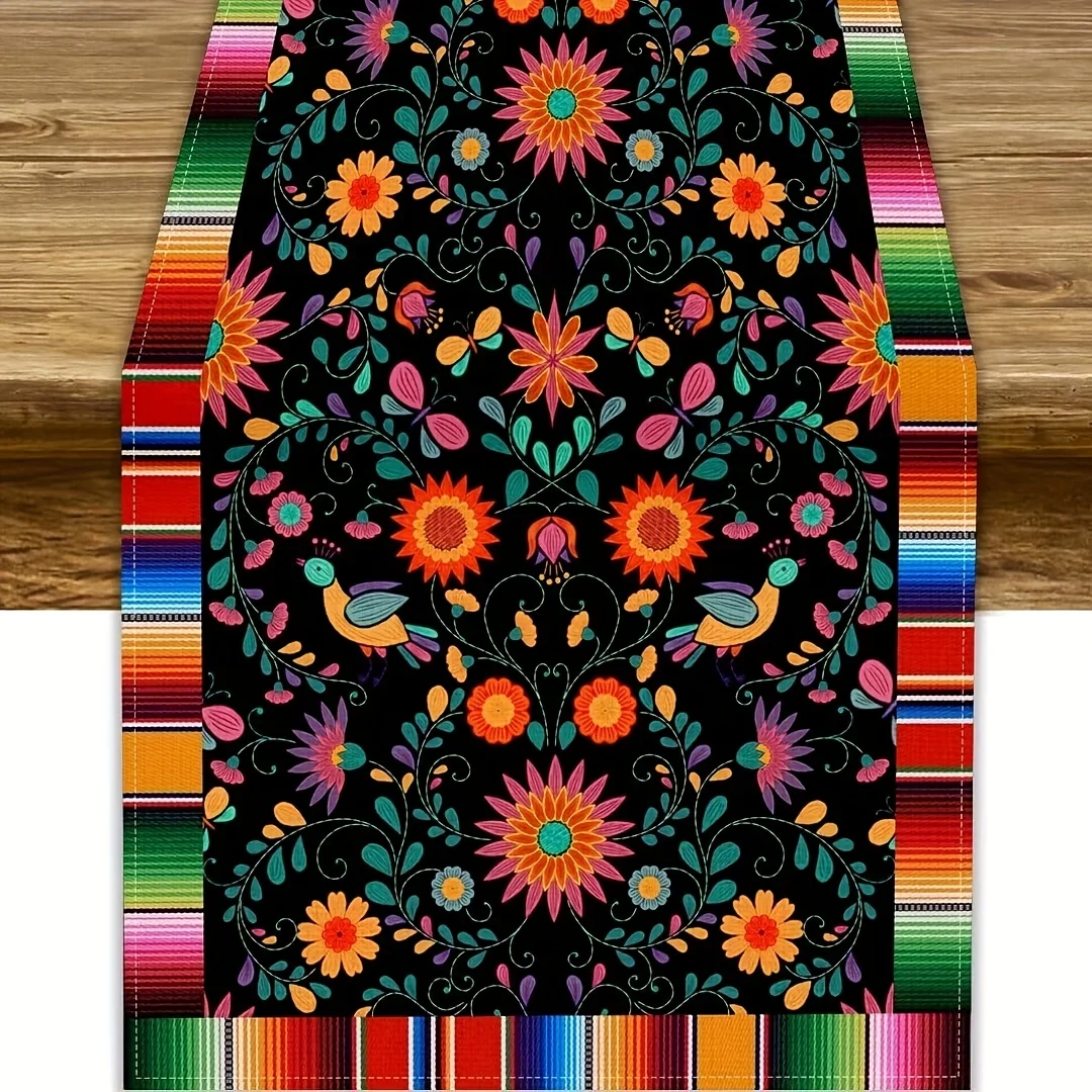 PolyesterMexican Table Runner 1pc 100% PolyesterMexican Fiesta Table Runner Traditional Floral Print For Cinco De Mayo, Dia De L