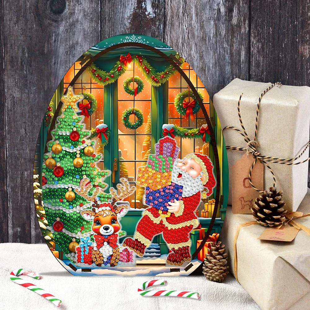 HOMFUN Wooden Christmas Desktop Diamond Art Kits 5D DIY Diamond Art Tabletop Decorations Kit, Creative 3D Santa Claus Gift