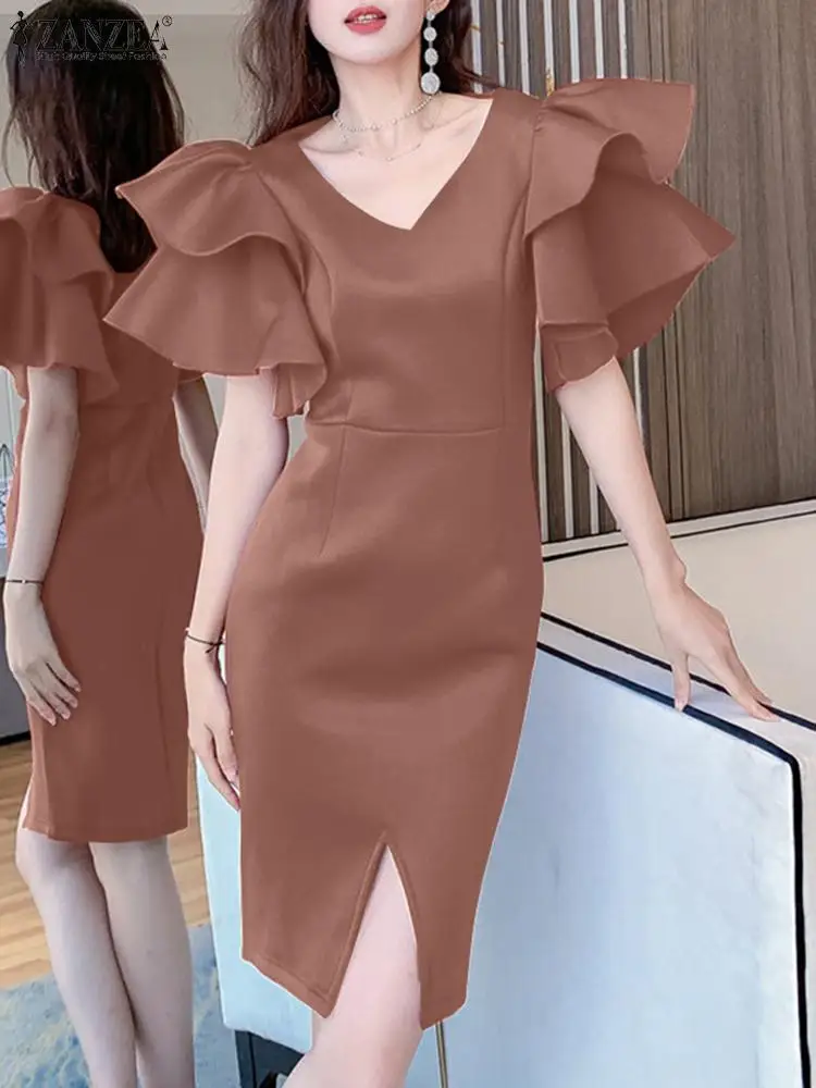 ZANZEA Fashion Side Split Sexy Wrap Dresses Elegant Solid Slim Dress Women V-neck Mini Vestidos 2024 Summer Ruffled Sleeve Robe