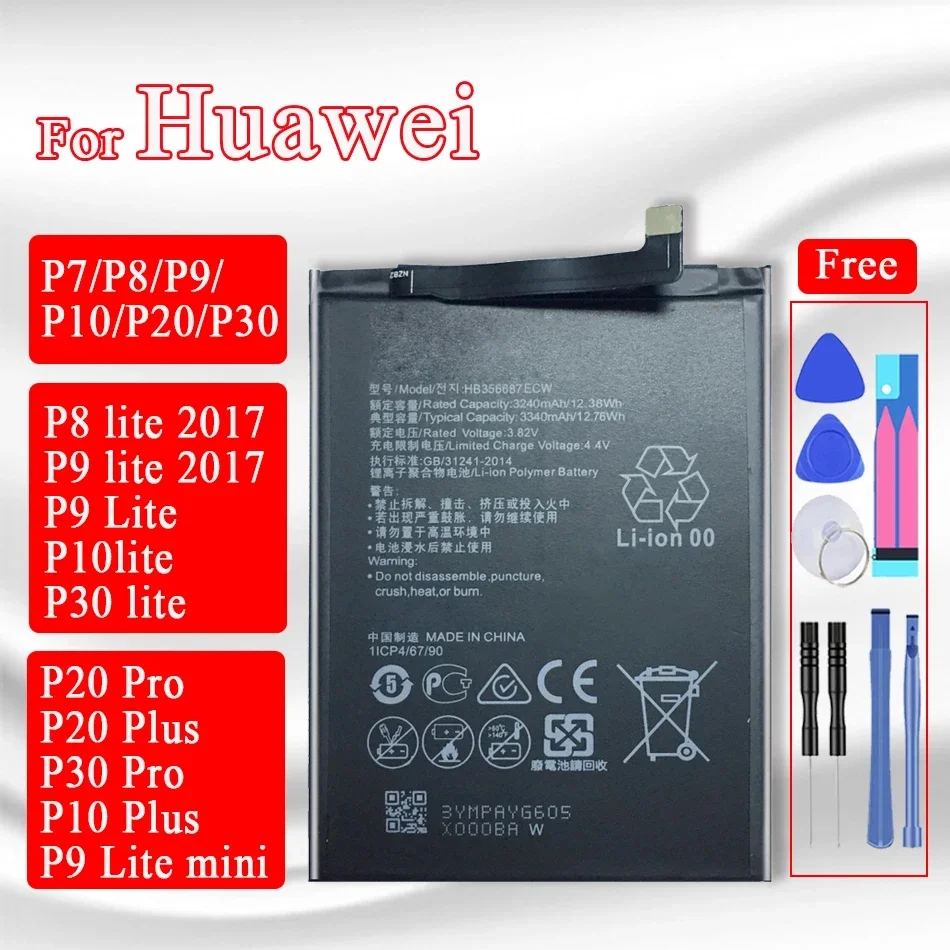 HB356687ECW HB366481ECW Battery For Huawei P7 P8 P9 P10 P20 P30 Lite 2017 P10 P20 Plus P20 P30 Pro P9 Lite mini battery + Tools