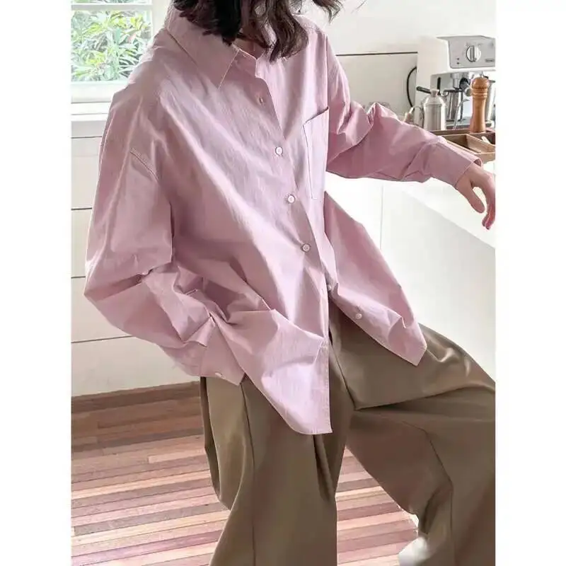 

Women's Cotton Long Sleeve Shirt Spring Turn Down Collar Single Breasted Pocket Casual Solid Color Blouse