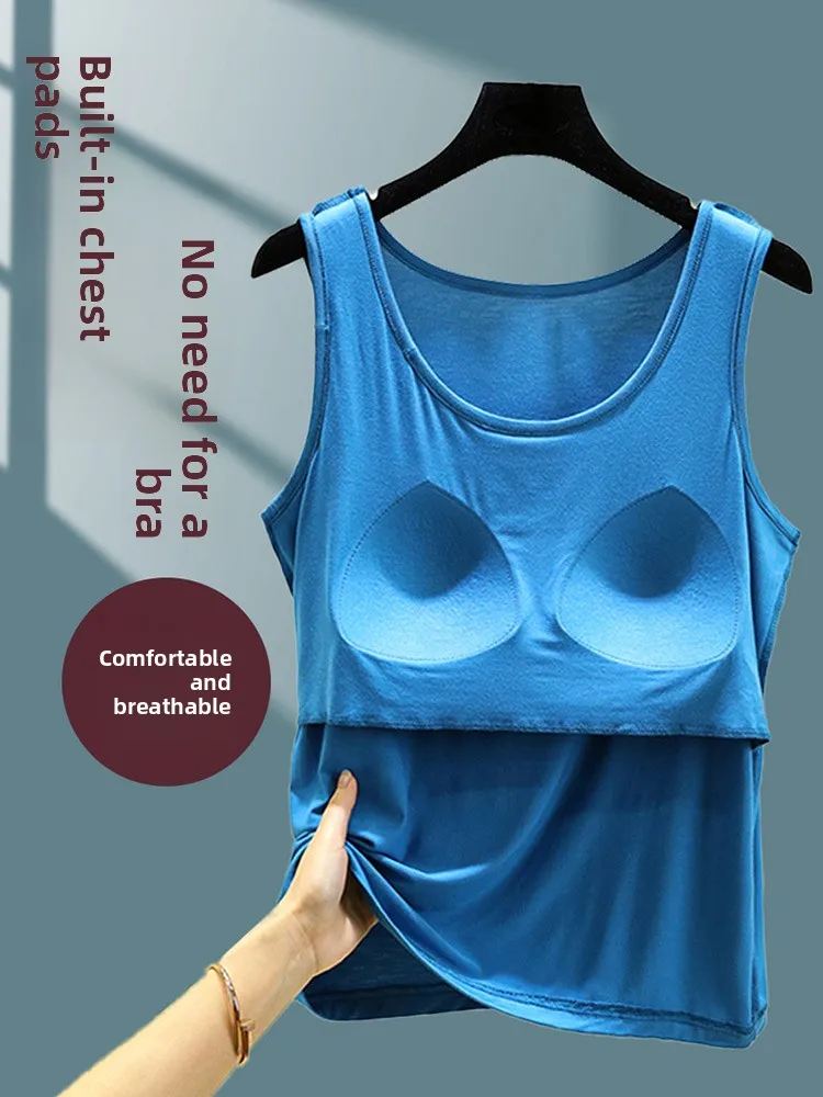 Modal No-Sleeve T-Shirt Women Summer Wear Bra Vest Thin Loose Outerwear Breathable Tank Top with Chest Pad July Deer Brand