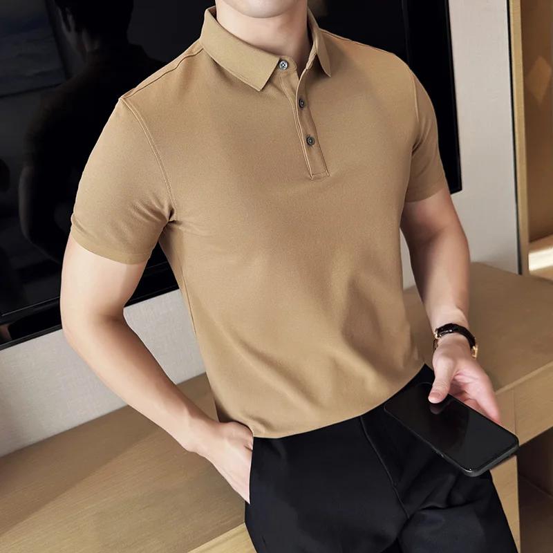 2024 Summer New Solid Color Polo Shirt Men Cotton Simple Short Sleeve Stretch T-shirt Formal Business Casual Lapel Polos Homme