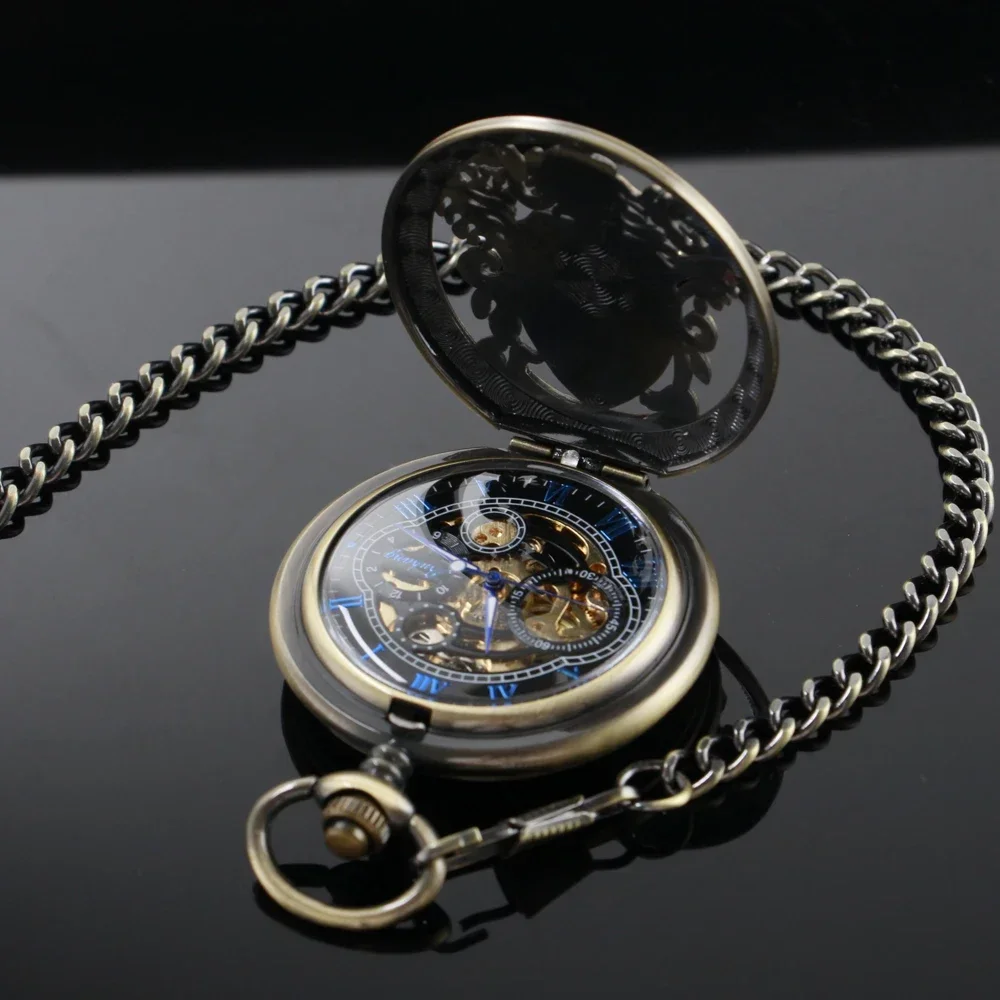 Montre de Poche Mécanique Hollow Half Hunter, Pendentif Antique Cool, Mécanisme Manuel, Horloge, Cadeau Homme, PJX1752