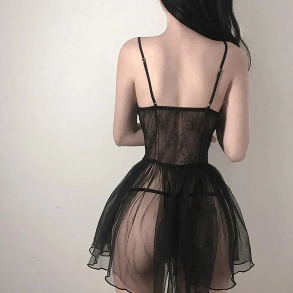 Sexy Lingerie Transparent Pajamas Nightdress Seductive Black Lace Slim Dress Lolita Exotic Costume For Sex Suit