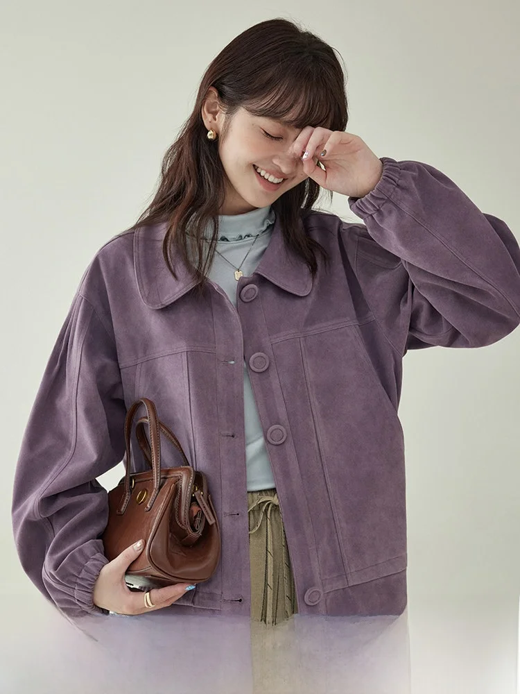 

AMUU Original Long Sve Faux Leather Velvet Jaet Women's Autumn New Sle Ba Lace Trimmed Coat Casual Commute Sle