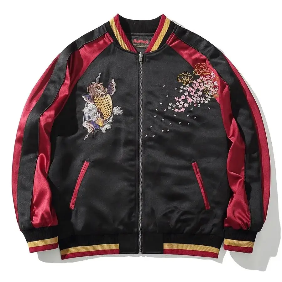 Red Black Cherry Blossoms Sakura Carp Embroidered Original Yokosuka Sukajan Souvenir Jackets