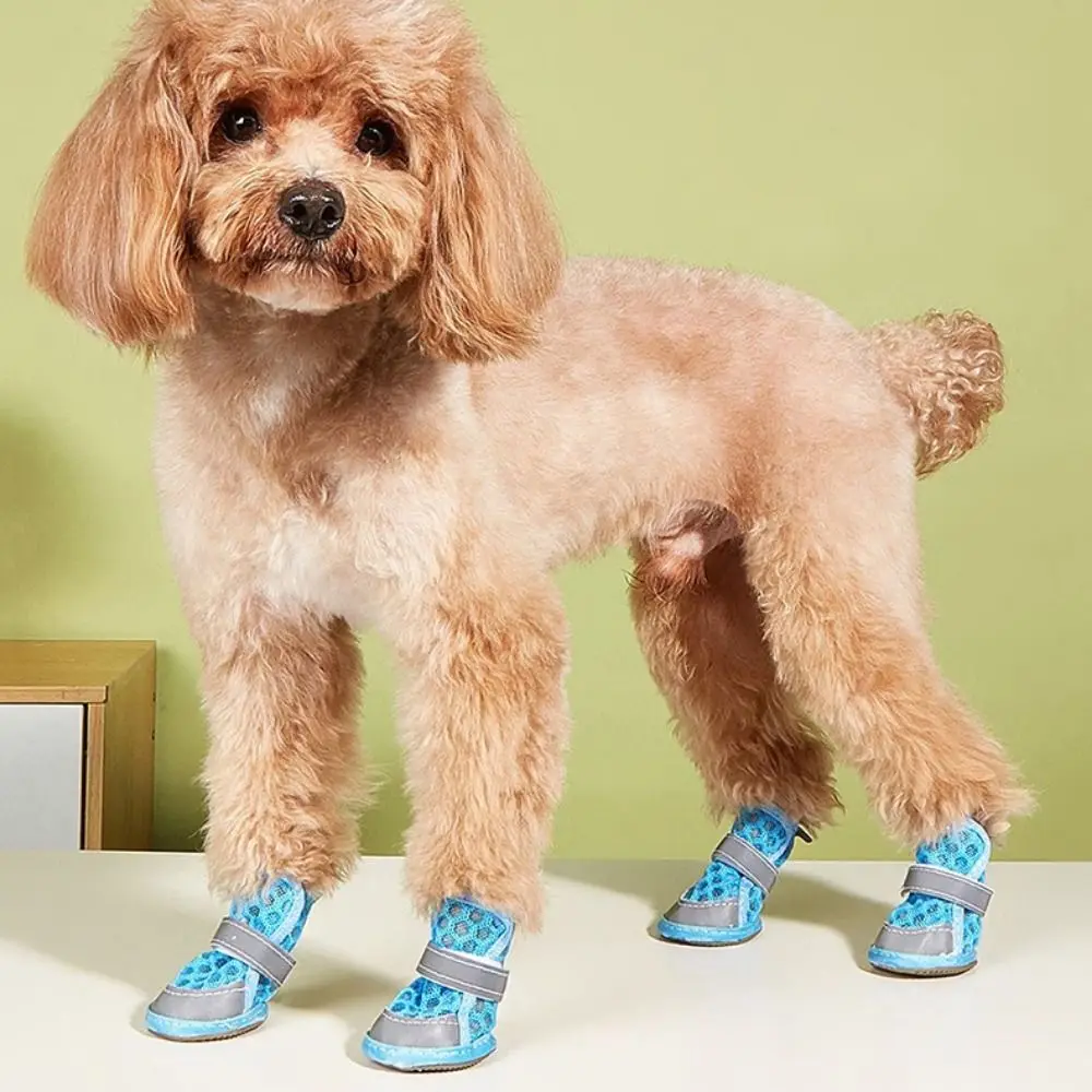 4pcs/set Wear Resistant Dog Mesh Shoes Non-slip Breathable Pet Mesh Boots Reflective Puppy Socks Shoes for Dogs Cats