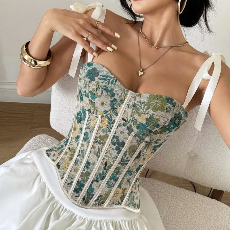 Women Floral Print Corset Top Strap Bustier, Lace Up Back Boned Corsage, Slim Fit Y2K Vintage Sleeveless Tank Top