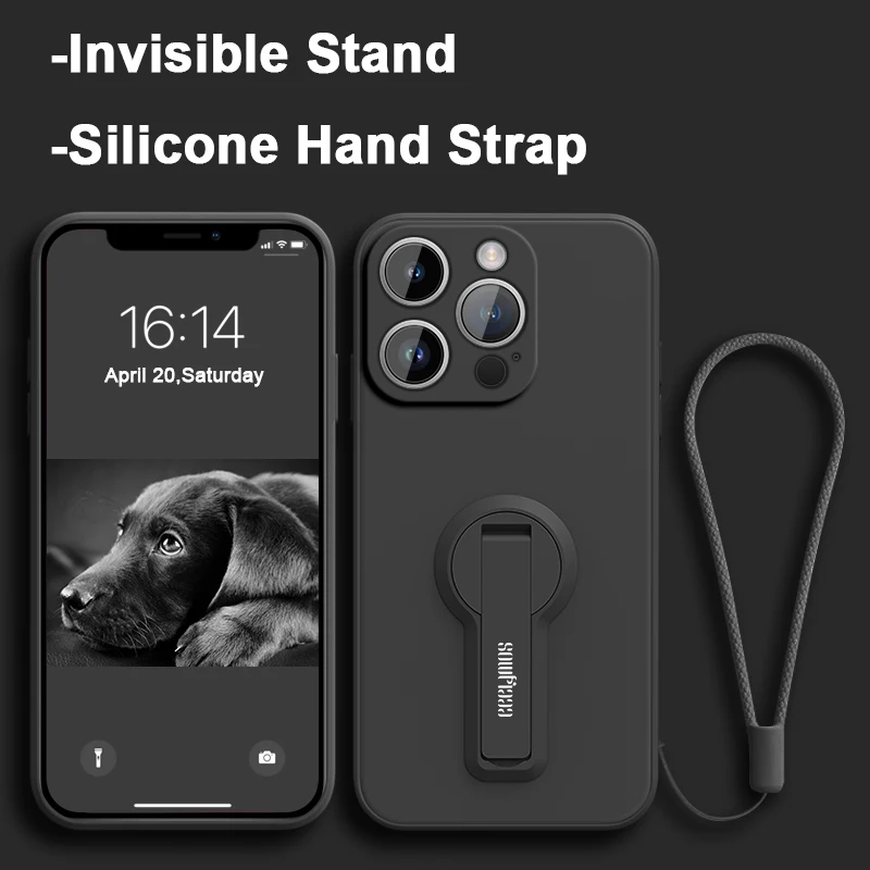 Silicone Phone Case with Camera Protector for iPhone 15 14 13 12 11 Pro Max Plus Mini Shockproof Cover with Stand and Hand Strap