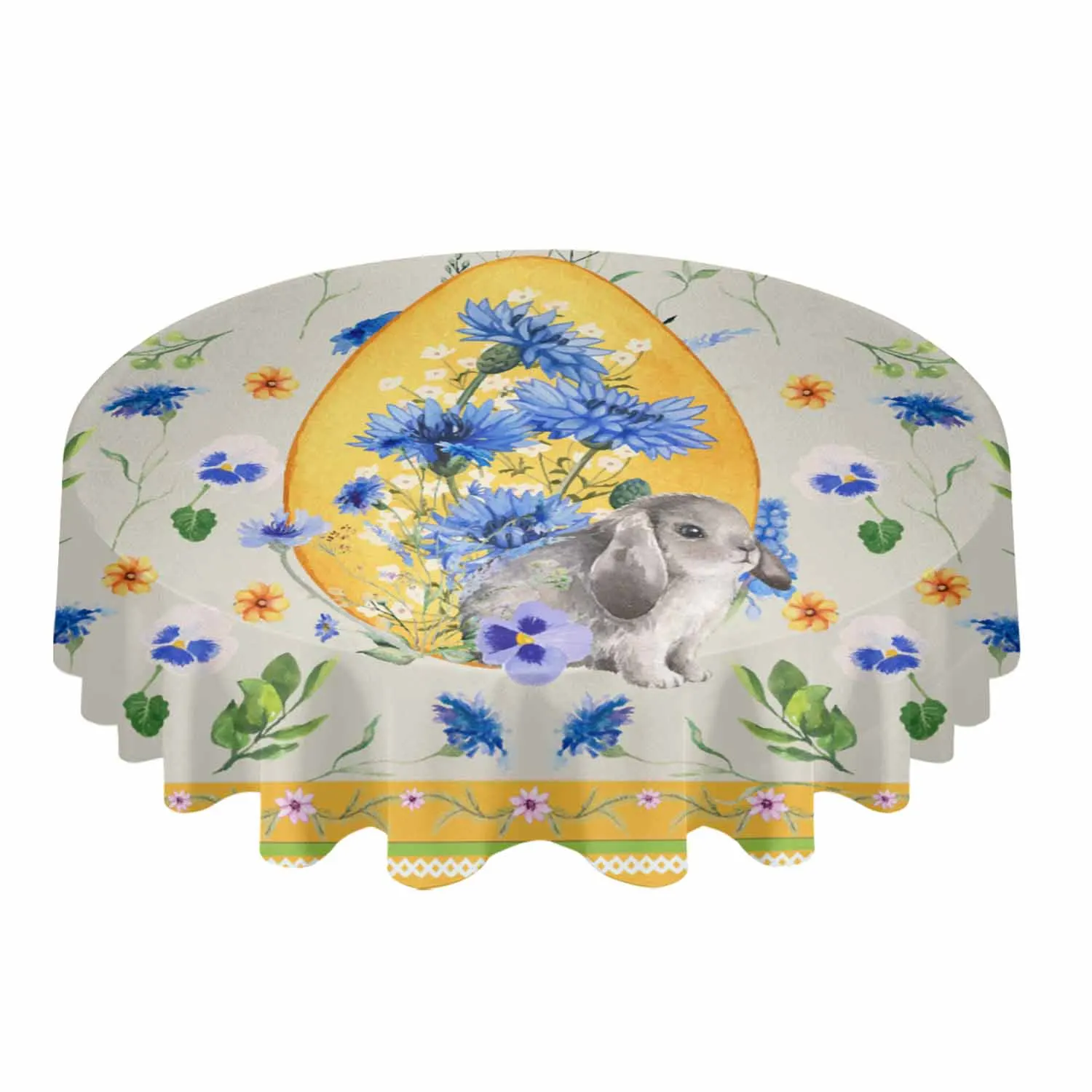 Retro Rabbit Easter Flower Waterproof Tablecloth Table Decoration Wedding Home Kitchen Dining Room Round Table