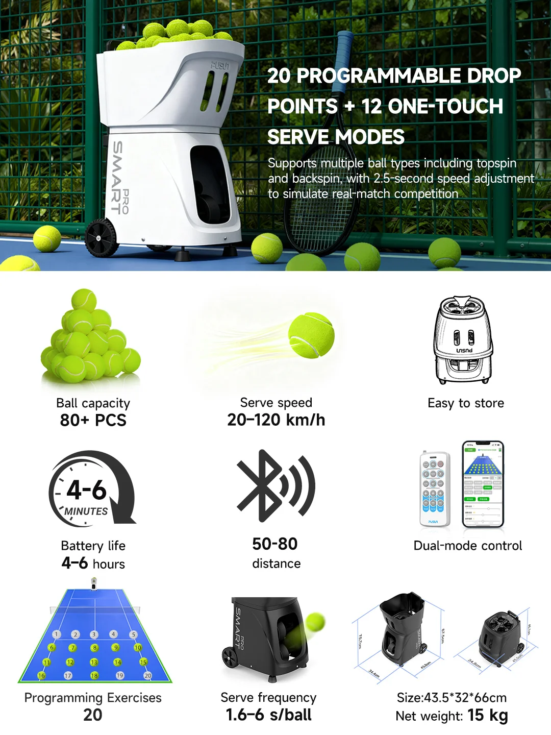 PT-Smart Pro Tennis Robot Ball Machine With APP Multi Drill Modes 100 Balls Capacity Lightweight Launcher For Padel Tennis Coach
