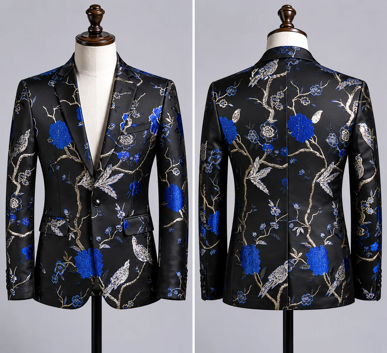 

Men Luxury Jacquard Floral Blazer Black Blue Bird Flower Pattern Suit Jacket Single Breasted Wedding Party Prom Formal Tuxedo
