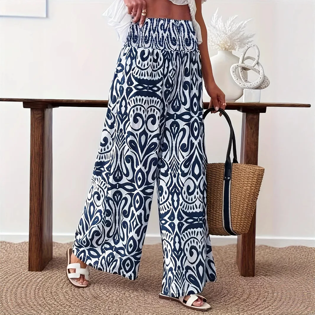 

Casual Printed Bloomers High Waist Wide-leg Pants Women Summer Retro Elastic Wide-leg Pants For Women 2025