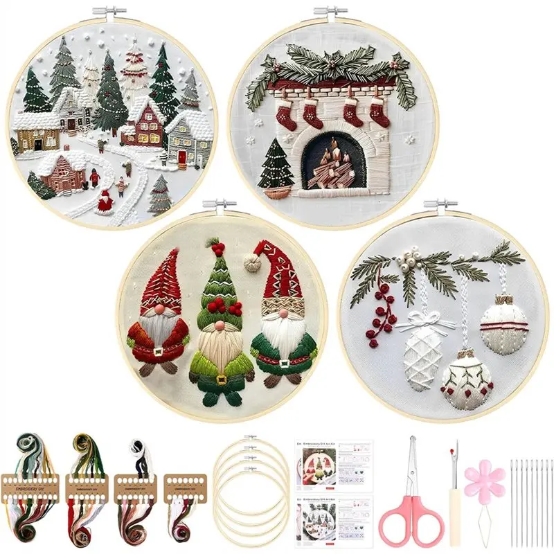 A96K-Christmas Embroidery Kit-Cotton, Gnomes& Crossstitch Pattern- For Adults& Beginners Includes Threads, Needles(4 Pcs)