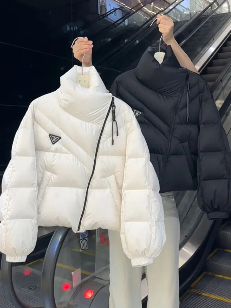 

Корейская короткая черная женская пуховая куртка с воротником-стойкой, модная, для повседневной носки, с высокой талией, длинными рукавами, на молнии