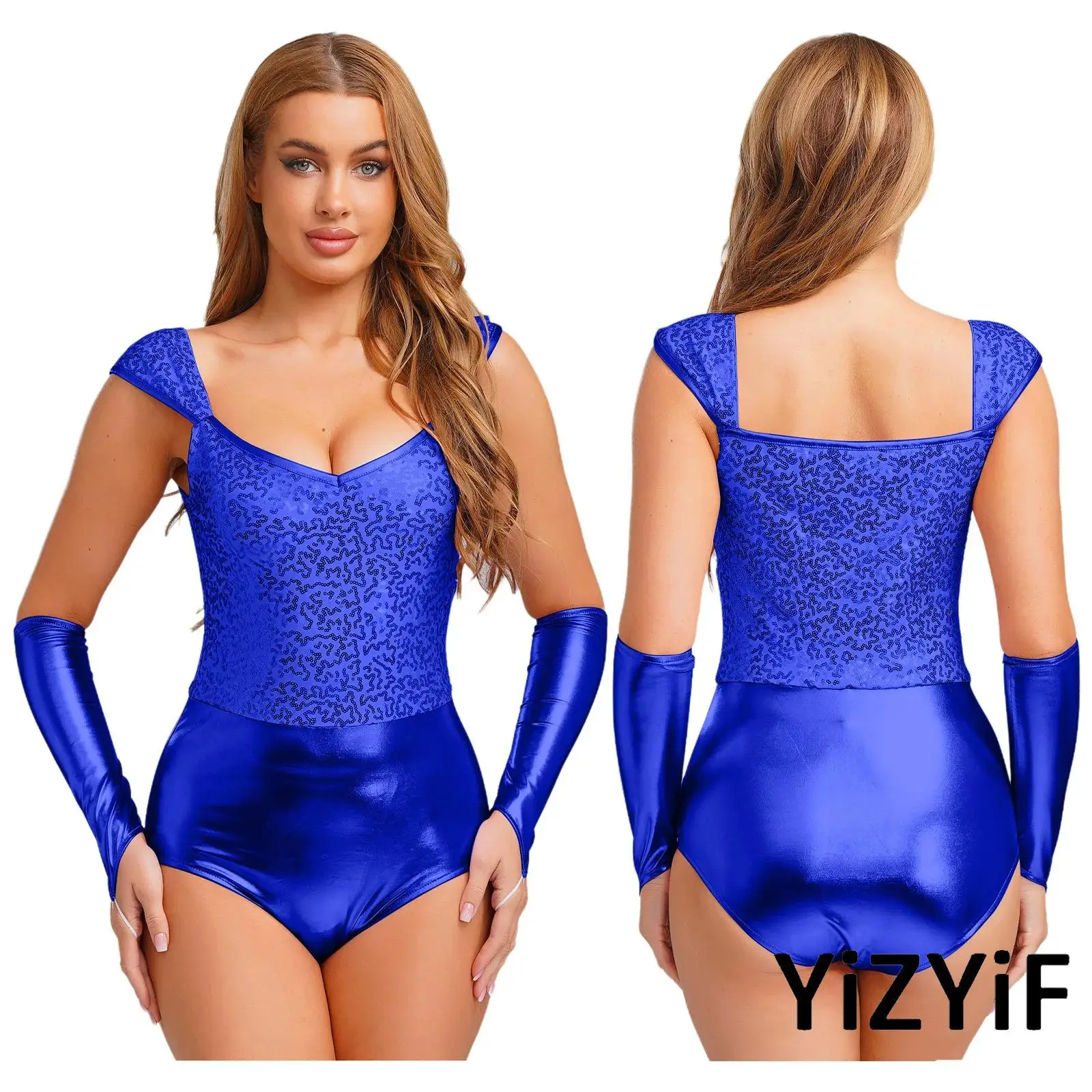 

Halloween Womens Cosplay Easter Costume Glittery Sequin Metallic Shiny Bodysuit Removable Sleeves Slim-fit Leotard Clubwear