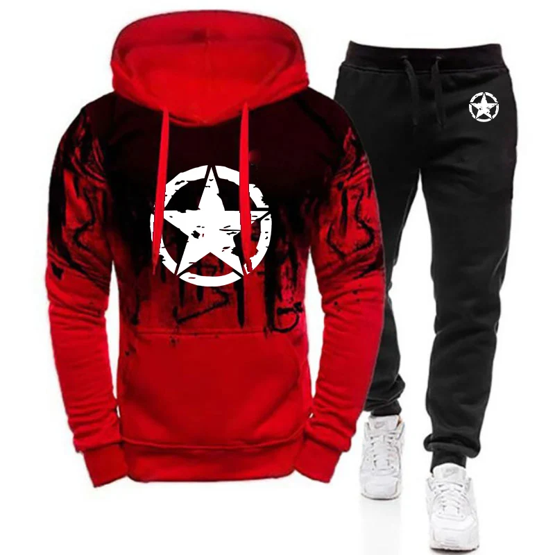 2026 Men's Retro Star Pattern Logo Print Spring Autumn Fashion Gradient Color Trendy Long Sleeve Versatile Hoodies Pants Suits