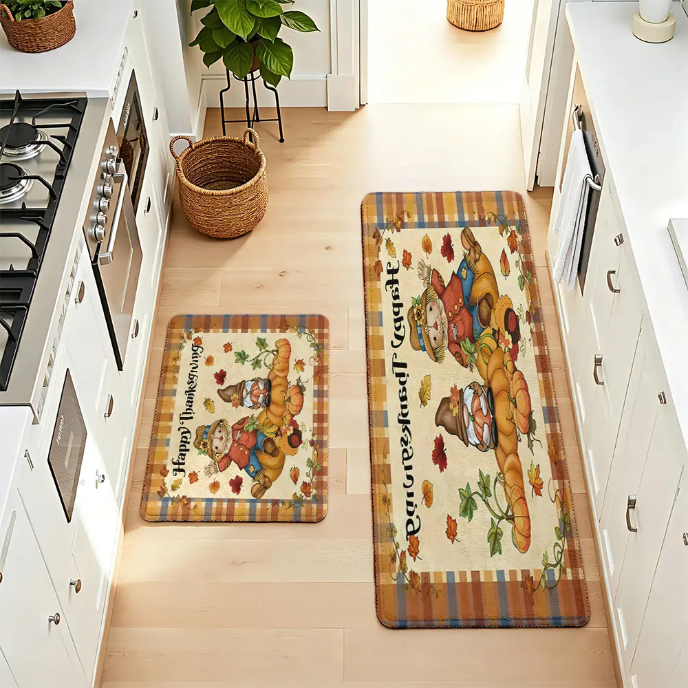 2pcs Thanksgiving Pumpkin Leaf Print Anti Slip Kitchen Floor Mat Leaf Dot Plastic Foot Mat Fashionable Kitchen Decoration Carpet