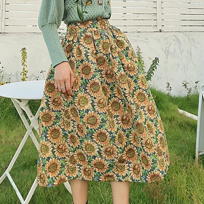 Female sunflower jacquard high waist slimming half body skirt  vintage  maxi skirt  LOOSE FIT  korean style
