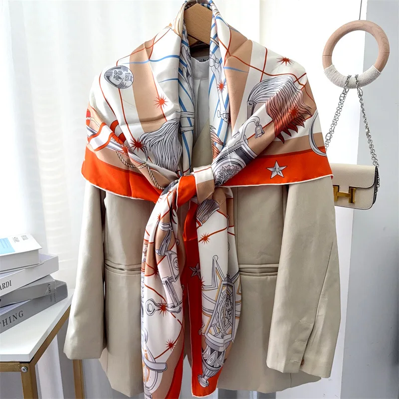 140cm Silk Scarf 100% Silk Square Large Bandanas Hand Rolled Shawls Foulard Luxury Head Hair Designer Accessories view 3