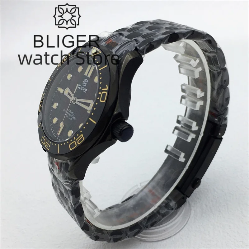 BLIGER 41mm NH35 Automatic Mechanical Men\'s Watch Black Dial Luminous Index Sapphire glass Spiral Crown Stainless Black Bracelet