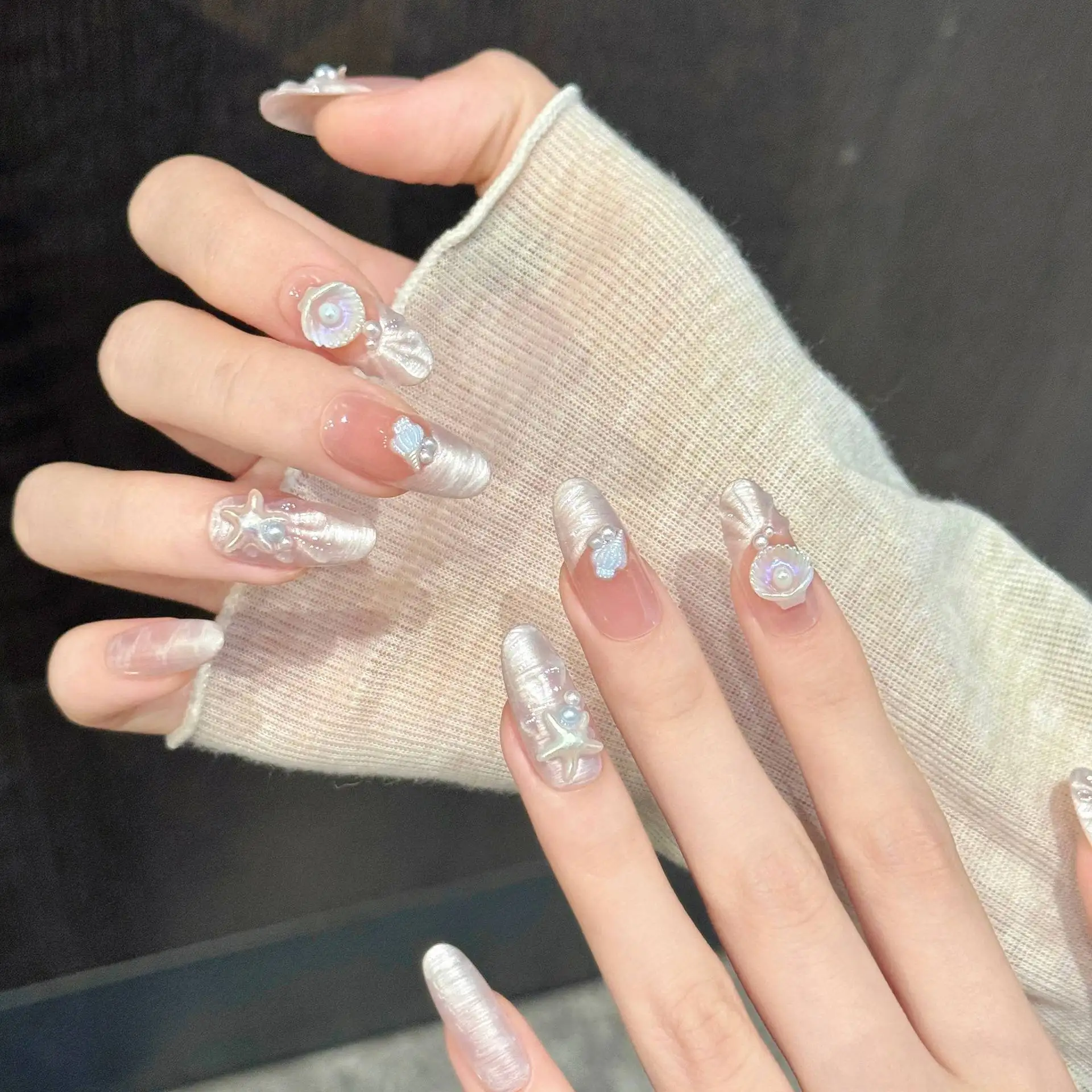 10PCS Oval/Almond Handmade Press On Nails,Naked Powder Aurora Waves Starfish Shells,Suitable For Parties And Daily Wear.