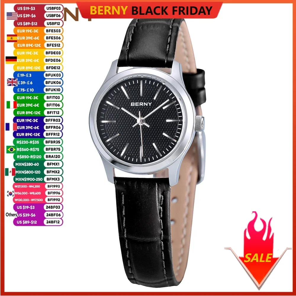 BERNY Quartz Women Watch Classic Retro Minimalist Ladies Wristwatch Small Dial Leather Strap Clock Waterproof Women's Watches