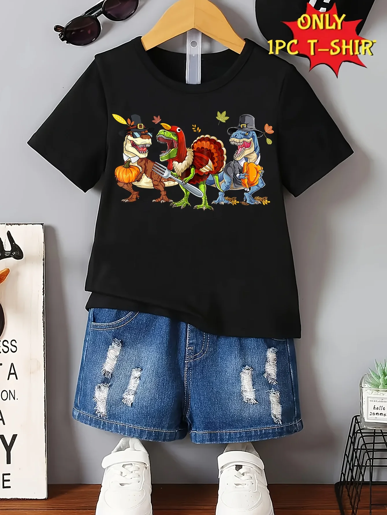 Boys‑Cartoon‑Dinosaur‑Turkey‑Print‑Slight‑Stretch‑Regular‑Fit‑Crew‑Neck‑Spring‑Summer‑Kids‑T‑Shirt