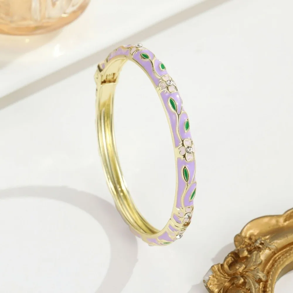 Closed End Metal Enamel Bracelet Color Plated Retro Cloisonne Bracelet Flower Clorful Enamel Flower Bangle Vintage Style