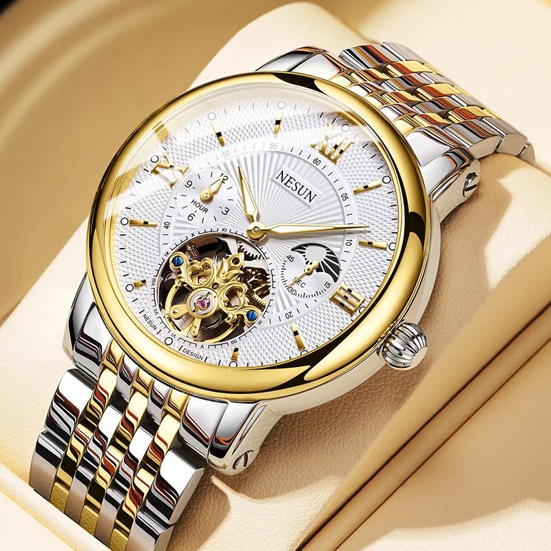 Orologio meccanico da uomo NESUN, movimento potente completamente automatico, orologio meccanico da lavoro luminoso autentico in acciaio inossidabile per