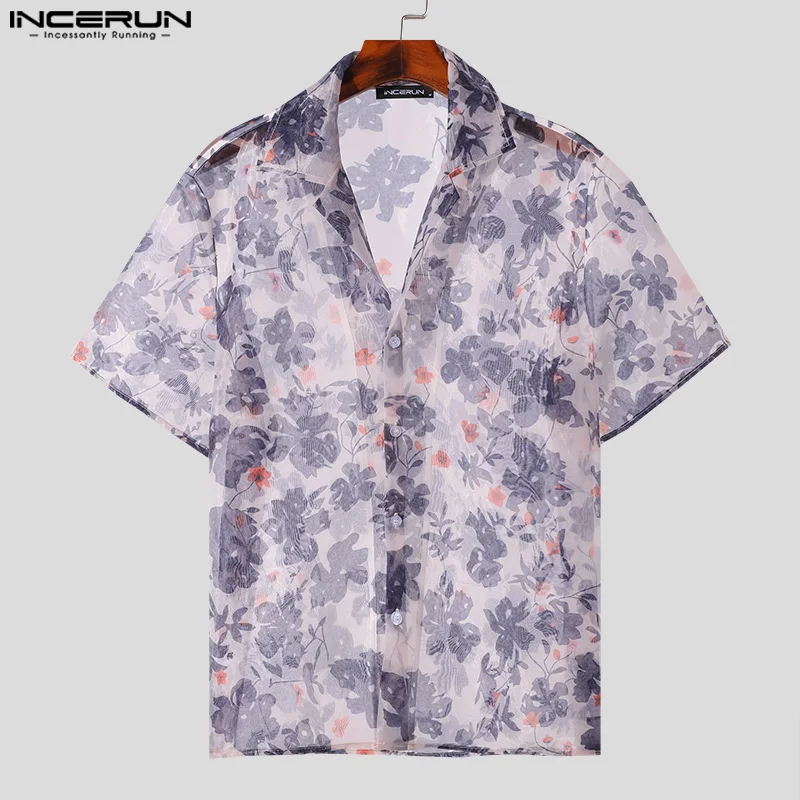 INCERUN Men's Shirt Flower Printing Lapel Short Sleeve Summer Transparent Men Clothing Streetwear 2024 Fashion Casual Camisas