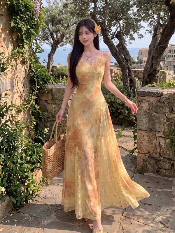 

Summer Slimming Tie Dye Lace Long Dress Women's Vacation Style Soft A-Line Skirt No Sleeve Neckline Polyester Chiffon Dress