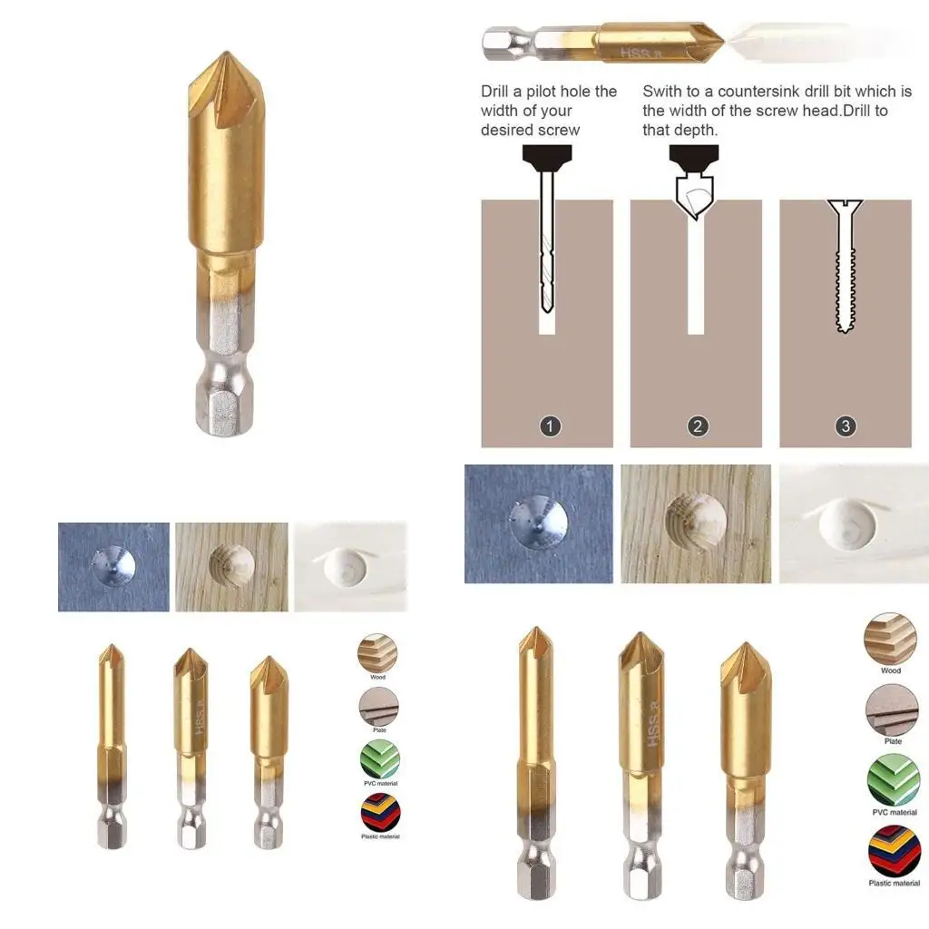 

Y1UD 1/4'' Shank HSS 5 Flute Countersink 90 Degree Center Tool Set For Wood