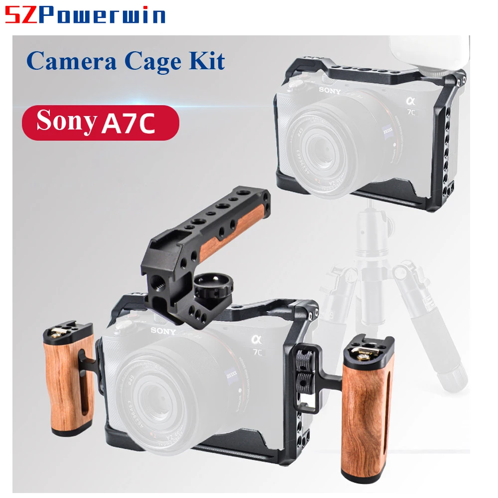 Powerwin Camera Cage For Sony A7C With wooden Handgrid Handle Kit Aluminum Alloy Multifunctional Arri Locating Screw