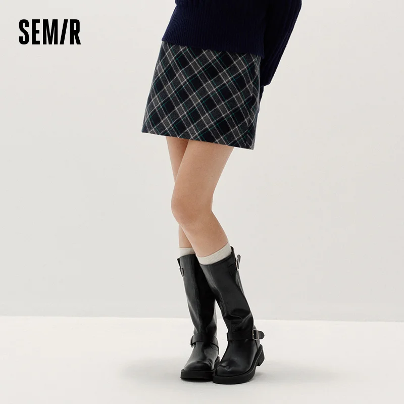Semir Women Woolen Skirt Partial Elastic Waist Plaid Preppy Style 2026 New Winter Daily Wear Urban Casual Style