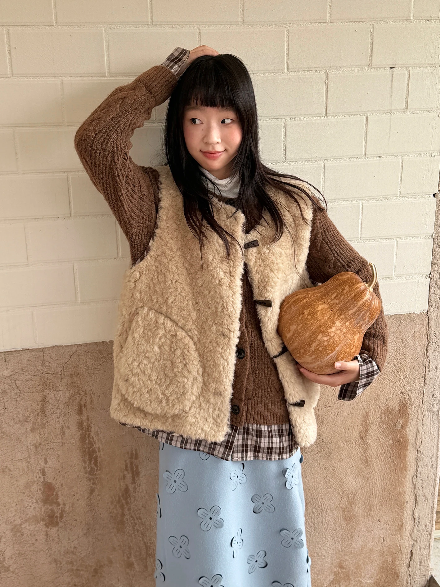 

Double-Sided Wear Lazy Autumn Winter Loose Outerwear Poly Cotton Blend round Ne Button-Up Thiened Commute Sle Vest